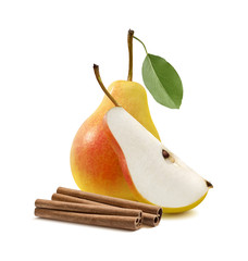 Yellow pear quarter cinnamon sticks isolated © yggdrasil