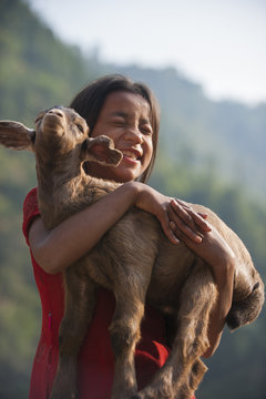 A little girl holds on to her goat, Manaslu Region, Nepal