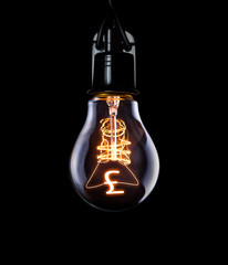Hanging lightbulb with glowing Pound concept.