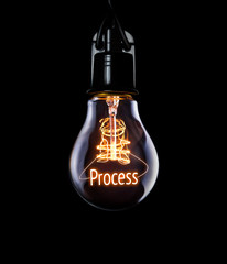 Hanging lightbulb with glowing Process concept.