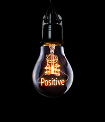Hanging lightbulb with glowing Positive concept.