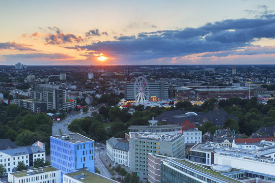 View of St. Pauli at sunset, Hamburg, Germany