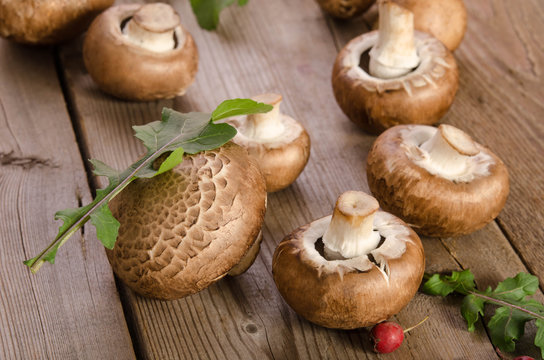 Fresh mushrooms with leaves of arugula