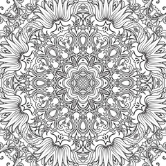 Mandala seamless floral pattern with flowers and hearts. Coloring pages for adults and older children, white and black. Seamless pattern. Doodle lace mandala ornament. Vector illustration.