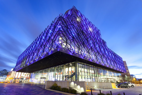 The Library of Birmingham, illuminated at night, Centenary Square, Birmingham