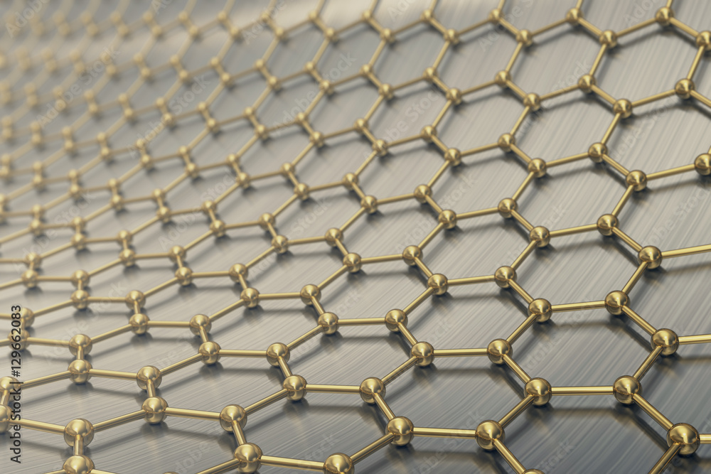 Poster 3d rendering gold nanotechnology hexagonal geometric form close-up, concept graphene atomic structur