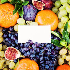 Naklejka na ściany i meble Fruit Background with Blank Business Card, Grape, Figs, Plum and