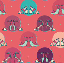 Bright vector illustration with sandals pairs in colorful circles on pink background in seamless pattern design. Hand drawn texture good for fashion and footwear design, tileable, creative.