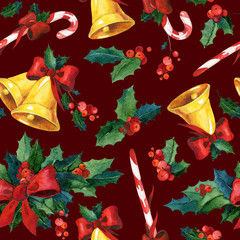 Seamless watercolor Christmas background with holly, golden bells, candy cane and red ribbon. May be used for wrapping paper, card or textile design