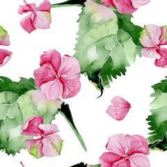 Pink hydrangea watercolor seamless pattern. Flower background design. Hand drawn set of flowers and leaves, may be used as textile design and more. Botanical illustration