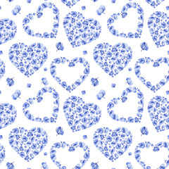 Blue seamless watercolor hydrangea floral heart pattern. May be used for wedding invitation or greeting card template, fabric print, st.Valentine's day card or Mothers day card decoration.