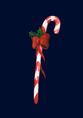 Watercolor christmas candy cane with red ribbon and holly on white background