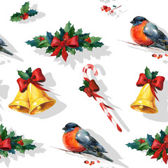 Seamless watercolor Christmas background with holly, golden bells, candy cane, red ribbon and red winter bird bullfinch. May be used for wrapping paper, card or textile design.
