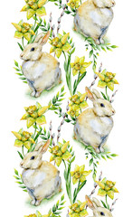 Seamless watercolor Easter pattern with rabbit, pussy-willow, herbs and daffodil. May be used for spring textile decoration print, invitation card decor or wrapping paper design.