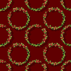 Christmas watercolor wreath with holly. Seamless watercolor Christmas background with wreath. May be used for wrapping paper, card or textile design.