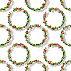 Christmas watercolor wreath with holly. Seamless watercolor Christmas background with wreath. May be used for wrapping paper, card or textile design.