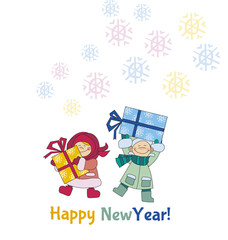 Boys and girls are holding gifts or present. Adorable kids in wi