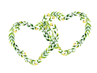 Watercolor yellow flower and herbs heart . May be used for textile decoration print, invitation card, wedding decor or wrapping paper design, st.Valentine's day card or Mothers day card decoration.