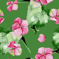 Pink hydrangea watercolor seamless pattern. Flower background design. Hand drawn set of flowers and leaves, may be used as textile design and more. Botanical illustration