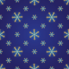 Winter dark blue seamless pattern with gold snowflakes