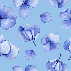Blue hydrangea watercolor seamless pattern. Flower background design. Hand drawn set of flowers and leaves, may be used as textile design and more. Botanical illustration.