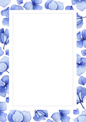 Blue watercolor hydrangea flower background. Floral greeting card. Watercolor invitation card template. May be used for wedding or birthday greeting card.