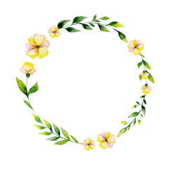 Watercolor yellow flower and herbs circle . May be used for Easter textile decoration print, invitation card, wedding decor or wrapping paper design