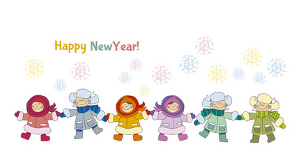 Fototapeta premium Boys and girls playing in the snow concept. Adorable kids in win