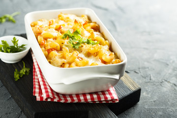 Pasta bake with tomato sauce and mozzarella cheese