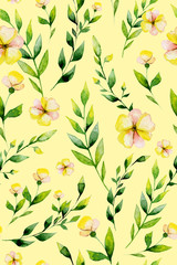 Seamless watercolor yellow flower and herbs set. May be used for Easter textile decoration print, invitation card, wedding decor or wrapping paper design