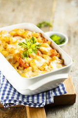 Pasta bake with tomato sauce and mozzarella cheese