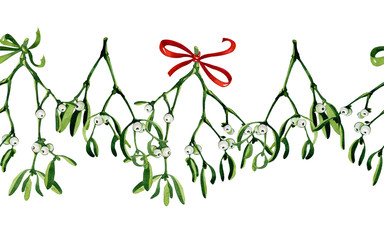 Seamless watercolor Christmas background with mistletoe and red ribbon. Use it for wrapping paper, card or textile design. Hand drawn mistletoe twigs. Christmas mistletoe. Winter holiday window decor.