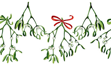 Seamless watercolor Christmas background with mistletoe and red ribbon. Use it for wrapping paper, card or textile design. Hand drawn mistletoe twigs. Christmas mistletoe. Winter holiday background.