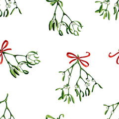 Seamless watercolor Christmas background with mistletoe and red ribbon. Use it for wrapping paper, card or textile design. Hand drawn mistletoe twigs. Christmas mistletoe. Winter holiday background.