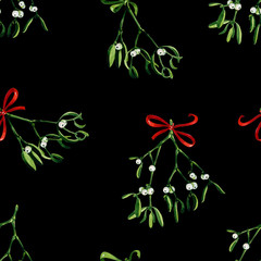Seamless watercolor Christmas background with mistletoe and red ribbon. Use it for wrapping paper, card or textile design. Hand drawn mistletoe twigs. Christmas mistletoe. Winter holiday window decor.