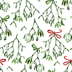 Fototapeta na wymiar Seamless watercolor Christmas background with mistletoe and red ribbon. Use it for wrapping paper, card or textile design. Hand drawn mistletoe twigs. Christmas mistletoe. Winter holiday window decor.