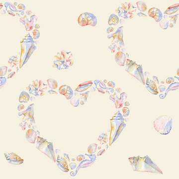 Seashells heart seamless pattern on nude background