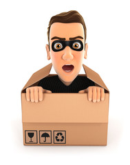 3d thief hiding inside a cardboard box