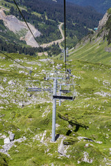 alpine landscape in summer viewed from the chair lift, Alps mountain massif, Cantons Vaud and Valais, Swiss Alps, Switzerland