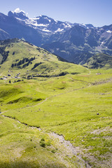 Naklejka premium Bucolic green summer alpine landscape, Swiss Alps mountain massif, canton du Valais, Switzerland