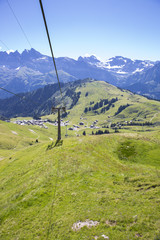 alpine landscape in summer viewed from the chair lift, Alps mountain massif, Cantons Vaud and Valais, Swiss Alps, Switzerland