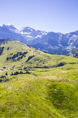 Fototapeta na wymiar Bucolic green summer alpine landscape, Swiss Alps mountain massif, canton du Valais, Switzerland