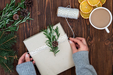 Female hands holding Christmas present