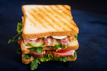 Big Club sandwich with ham, bacon, tomato, cucumber, cheese, eggs and herbs on dark background
