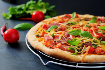 Pizza with salami, ham, tomato, cheese and mushrooms