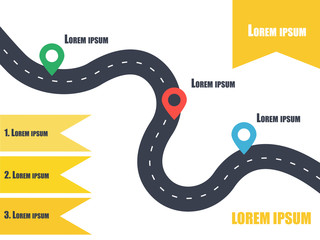Winding road infographic template with color pin-pointers and empty stickers. Vector EPS 10;