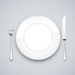 Plate, knife and fork, on gray background, vector