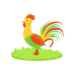Rooster Farm Bird Cartoon Farm Related Element On Patch Of Green Grass