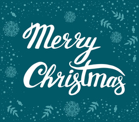 "Merry Christmas" handwritten inscription on blue background with snowflakes. Hand drawn lettering.
