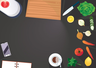 Closeup on table with vegetables in kitchen - Top view with copy space 